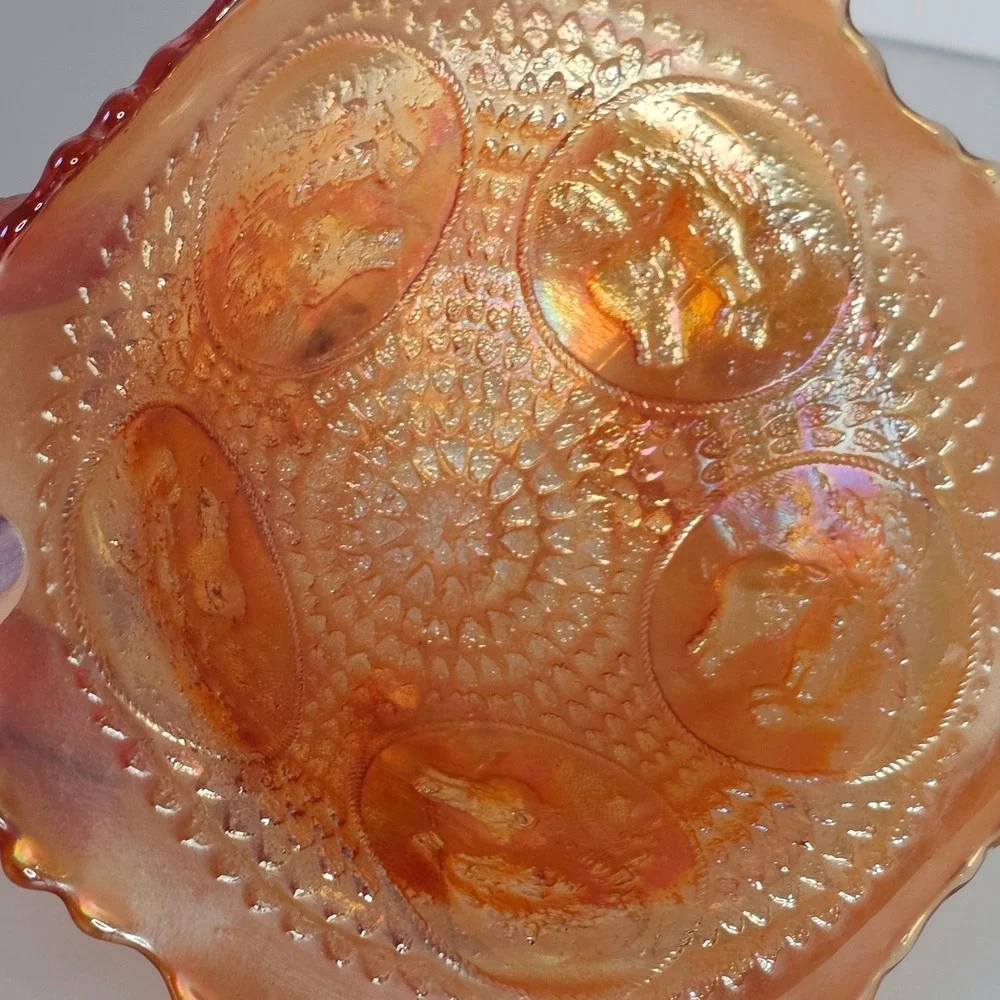Orange Carnival Glass Footed Bowl Sunburst Horsehead Ruffled Antique Vintage‎